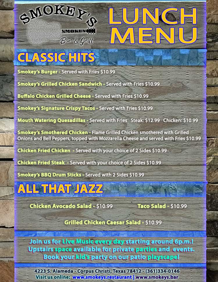 Smokey's Bar & Grill Restaurant Menu in Corpus Chrsiti, TX